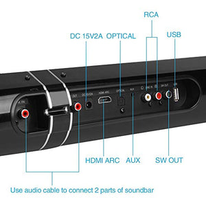 Sound Bar for TV, COSOOS 50W 39.4inch Soundbar with Bluetooth 4.2, Remote Control, 2.1 Channel, Support HDMI ARC, Optical, RCA, 3.5mm Aux, USB & Subwoofer Input, Wall Mountable, Detachable Design