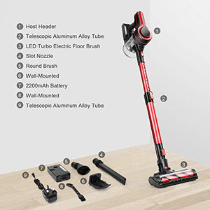 APOSEN Cordless Vacuum Cleaner, 24000Pa Strong Suction, 4 in 1 Stick Vacuum Cleaner Detachable Battery, 250W Powerful Brushless Motor, 1.2L Super-Capacity for Deep Cleaning H250 （Red）
