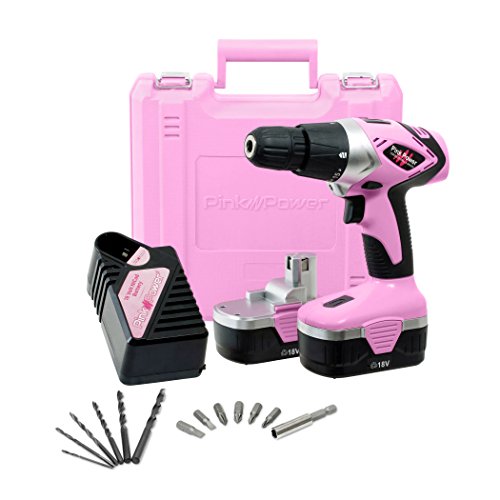Pink Power Drill PP182 18V Cordless Electric Drill Driver Set for Women - Tool Case, 18 Volt Drill, Charger and 2 Batteries
