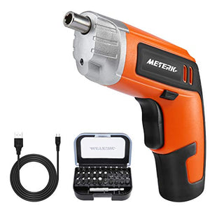 Cordless Electric Screwdriver Meterk Rechargeable Drill 3.6V 2000mAh MAX Torque 5N.m 30pcs Screw Bits, Drill Bit Extension Holder, USB Charging with LED Light