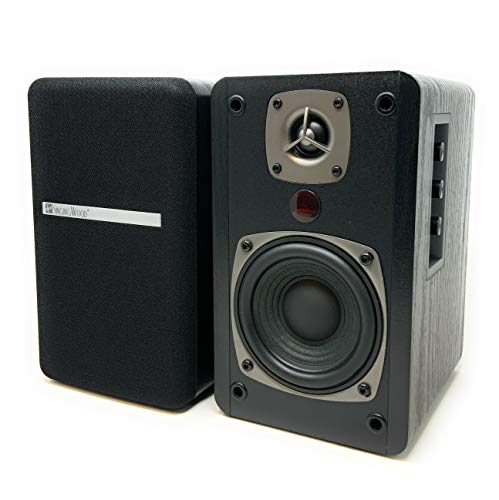 Singing Wood BT27 Powered Bluetooth Bookshelf Speaker Studio Monitor with 2 Auxiliary Line Input 27W x 2- Black Wood Grain Finish (Black)