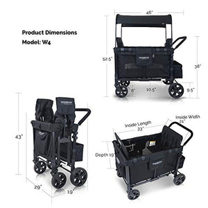 WONDERFOLD W4 4 Seater Multi-Function Quad Stroller Wagon with Removable Raised Seats and Slidable Canopy