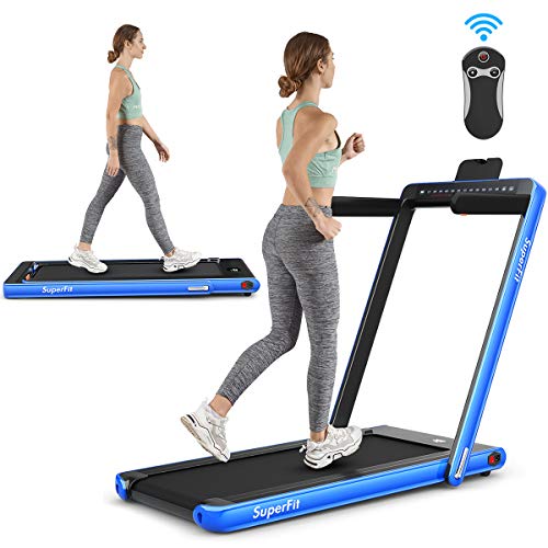 Goplus 2 in 1 Folding Treadmill with Dual Display, 2.25HP Under Desk Electric Pad Treadmill, Installation-Free, Bluetooth Speaker, Remote Control, Walking Jogging Machine for Home/Office Use