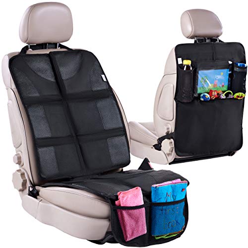 Car Seat Protector + Rear Seat Organizer for Kids - Waterproof & Stain Resistant Protective Backseat Kick Mat W/Storage Pockets & Tablet Holder - Baby Travel Kickmat & Front/Back Seat Cover Set