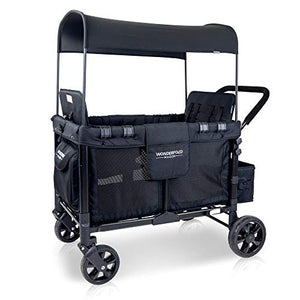 WONDERFOLD W4 4 Seater Multi-Function Quad Stroller Wagon with Removable Raised Seats and Slidable Canopy