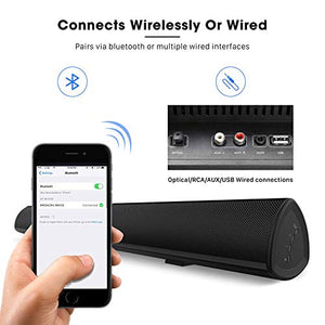 Soundbar, BESTISAN TV Sound Bar with Dual Bass Ports Wired and Wireless Bluetooth 5.0 Home Theater System (28 Inch, Enhanced Bass Technology, 3-Inch Drivers, Bass Adjustable, Wall Mountable, Dsp)