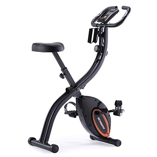 ECHANFIT Indoor Cycling Bike Folding Magnetic Exercise Upright Bike Stationary with 16 Levels Resistance Arm Training Bands and Electronic Display