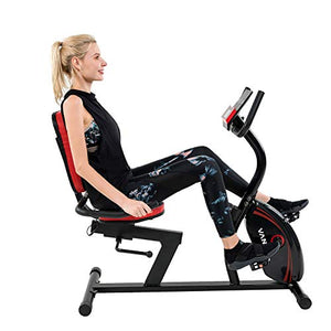 Vanswe Recumbent Exercise Bike 16 Levels Magnetic Tension Resistance 380 lbs. Stationary Bike with Adjustable Seat, Transport Wheels and Bluetooth Connectivity for Workout and Physical Therapy Red/Silver/Black