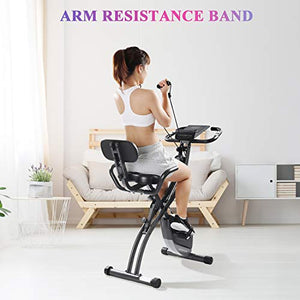 Exercise Bike Stationary Bike Foldable Magnetic Upright Recumbent Portable Fitness Cycle with Arm Resistance Bands Extra-large Adjustable Seat Pulse 3-in-1 Cycling Indoor Trainer for Home