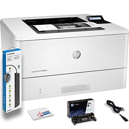 HP Laserjet Pro M404dw Wireless Monochrome Laser Printer with Duplex Printing (W1A56A) with Power Strip Surge Protector + Electronics Basket Microfiber Cleaning Cloth