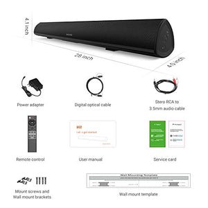 Soundbar, BESTISAN TV Sound Bar with Dual Bass Ports Wired and Wireless Bluetooth 5.0 Home Theater System (28 Inch, Enhanced Bass Technology, 3-Inch Drivers, Bass Adjustable, Wall Mountable, Dsp)