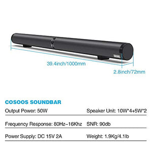 Sound Bar for TV, COSOOS 50W 39.4inch Soundbar with Bluetooth 4.2, Remote Control, 2.1 Channel, Support HDMI ARC, Optical, RCA, 3.5mm Aux, USB & Subwoofer Input, Wall Mountable, Detachable Design