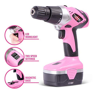 Pink Power Drill PP182 18V Cordless Electric Drill Driver Set for Women - Tool Case, 18 Volt Drill, Charger and 2 Batteries