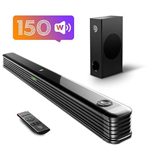 Sound Bar with True Wireless Subwoofer, Bomaker 150W 2.1 CH Ultra-Slim TV Sound Bar, Works with 4K & HD TVs, Treble & Bass Adjustable, LED Display, Bluetooth 5.0 Enabled, Outdoor Surround Sound