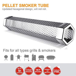Pellet Smoker Tube -12" Stainless Steel Wood Tube Smoke for Cold/Hot Smoking for All Electric, Gas, Charcoal Grills or Smokers - Ideal for Smoking Cheese, Fish, Pork, Beef, Nuts, Bonus Brush, H