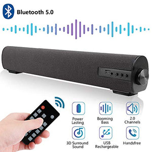 Sound Bar for TV/PC Audio Soundbar with Built-in Subwoofer 16.9 Inch Portable Surround Sound System Home Theater Bluetooth 5.0 Wired & Wireless 2 X 10W 2.0 CH Outdoor Stereo Speaker for Phones/Tablets