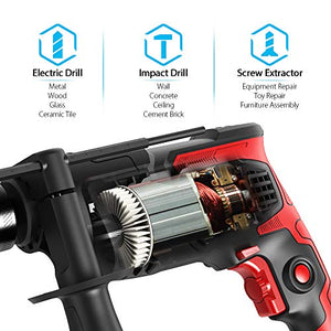 Hammer Drill Meterk 7.0 Amp 1/2 Inch Corded Drill 850W, 3000RPM Dual Switch Between Impact Drill and Electric Drill, With Adjustable Speed for Drilling Wood, Steel, Concrete&Plastic DIY Drilling