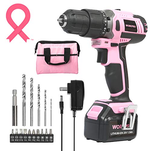WORKPRO Pink Cordless 20V Lithium-ion Drill Driver Set, 1 Battery, Charger and Storage Bag Included - Pink Ribbon