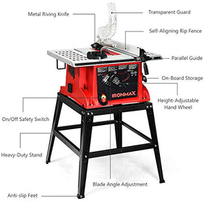Goplus Table Saw, 10-Inch 15-Amp Portable Table Saw, 36T Blade, Cutting Speed Up to 5000RPM, 45º Double-Bevel Cut, Aluminum Table, Benchtop Table Saw with Metal Stand, Sliding Miter Gauge