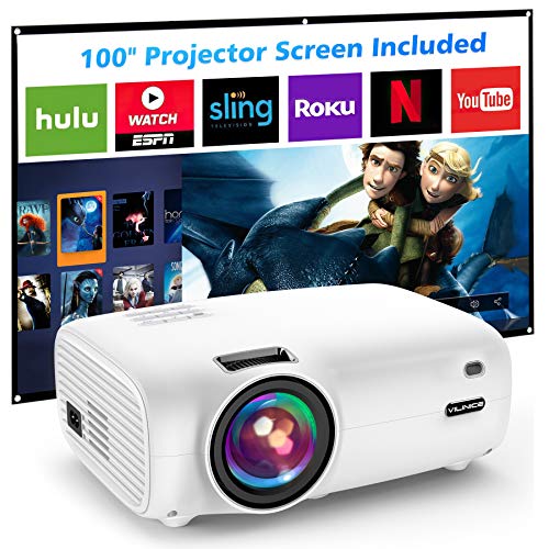 Mini Video Projector, VILINICE 5500L Outdoor Movie Projector with 100Inch Projector Screen ,1080P and 200