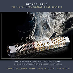 Skoo Pellet Smoker - BBQ Hexagonal Smoking Tube + Brush + Hook + Free EBook + Digital User Guide - 5 Hours of Billowing Smoke - For Electric, Gas, Charcoal Grills or Smokers