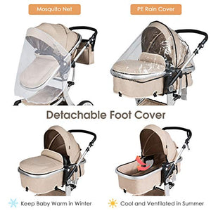 BABY JOY Baby Stroller, 2-in-1 Convertible Bassinet Sleeping Stroller, Foldable Pram Carriage with 5-Point Harness, Including Rain Cover, Net, Cushion Pad, Foot Cover, Diaper Bag