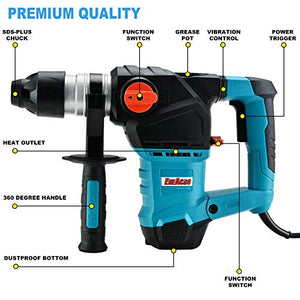 ENEACRO 1-1/4 Inch SDS-Plus 12.5 Amp Heavy Duty Rotary Hammer Drill, Safety Clutch 3 Functions with Vibration Control Including Grease, Chisels and Drill Bits with Case