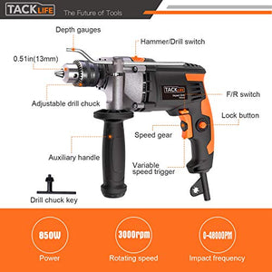 Hammer Drill, TACKLIFE 7.1-Amp 3000RPM, 48000BPM Corded Drill with 15 Drill Bits Set, Carrying Case, Rotatable Handle, Aluminum Shell, Hammer and Drill 2 Modes in 1, Suitable for DIY Projects - PID03B