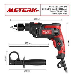 Hammer Drill Meterk 7.0 Amp 1/2 Inch Corded Drill 850W, 3000RPM Dual Switch Between Impact Drill and Electric Drill, With Adjustable Speed for Drilling Wood, Steel, Concrete&Plastic DIY Drilling