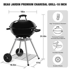 Beau Jardin Portable Charcoal Grill for Outdoor 18 inch Barbecue Grill and Smoker Heat Control Round BBQ Kettle Outdoor Picnic Patio Backyard Camping Tailgating Steel