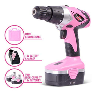 Pink Power Drill PP182 18V Cordless Electric Drill Driver Set for Women - Tool Case, 18 Volt Drill, Charger and 2 Batteries