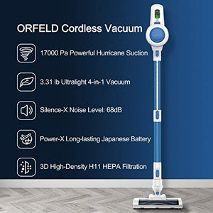 ORFELD Cordless Vacuum, Stick Vacuum Cleaner 4 in 1 with 17000pa Super Suction, Ultra-Lightweight & Quiet Handheld Vacuum for Home Hard Floor Carpet Car Pet(2020 Upgrade)
