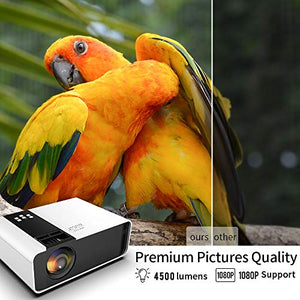 Mini Projector, 1080P HD Supported 4500 Lux Portable Video Projector, Compatible with TV Stick, HDMI, USB , AV, DVD, for Multimedia Home Theater, Built-in Dual Speaker, Four Display Mode[GRC]