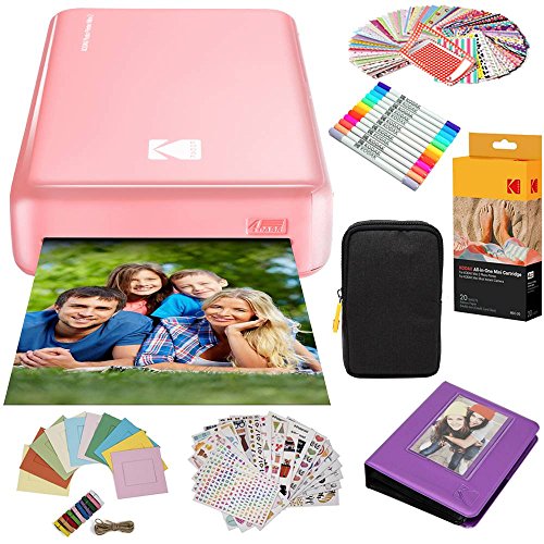 Kodak Mini2 Instant Photo Printer (Pink) Gift Bundle + Paper (20 Sheets) + Deluxe Case + 7 Fun Sticker Sets + Twin Tip Markers + Photo Album + Hanging Frames