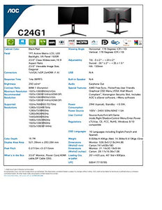 AOC C24G1 24" Curved Frameless Gaming Monitor, FHD 1080p, 1500R VA panel, 1ms 144Hz, FreeSync, Height adjustable, VESA, 3-Year Zero Dead Pixels
