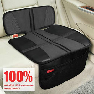 Car Seat Protector - Seat Protection Mat - Thick Padding - (Best Coverage Available), Durable, Waterproof Fabric, PVC Leather Reinforced Corners & 3 Pockets for Handy Storage