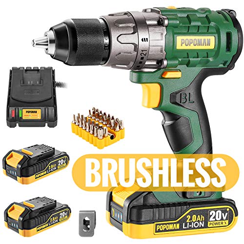 Cordless drill, Brushless 20V 1/2” Drill Driver, 2x2000mAh Batteries, 530 In-lbs Torque, 21+1 Torque Setting, Fast Charger 2.0A, 2-Variable Speed, 33pcs Accessories