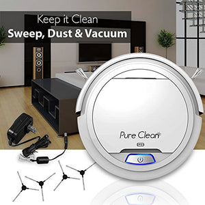 Pure Clean Robot Vacuum Cleaner - Upgraded Lithium Battery 90 Min Run Time - Automatic Bot Self Detects Stairs Pet Hair Allergies Friendly Robotic Home Cleaning for Carpet Hardwood Floor - PUCRC25 V1