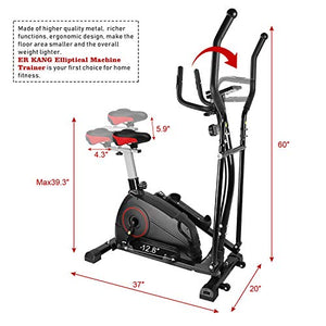 ER KANG Elliptical Machine Trainer - Adjustable 8 Levels Resistance and Seats, with Digital Monitor and Pulse Rate Grips Magnetic Smooth Quiet Driven Elliptical Exercise Machine for Home Use (Black)