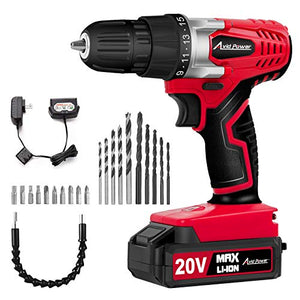 Avid Power 20V MAX Lithium Ion Cordless Drill, Power Drill Set with 3/8 inches Keyless Chuck, Variable Speed, 16 Position and 22pcs Drill/Driver Bits