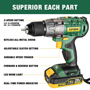 Cordless drill, Brushless 20V 1/2” Drill Driver, 2x2000mAh Batteries, 530 In-lbs Torque, 21+1 Torque Setting, Fast Charger 2.0A, 2-Variable Speed, 33pcs Accessories