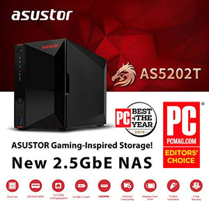 Asustor AS5202T | Gaming Inspired Network Attached Storage | 2.0GHz Dual-Core, Two 2.5GbE Port, 2GB RAM DDR4, 4GB eMMC Flash Memory | Personal Private Cloud (2 Bay Diskless NAS)