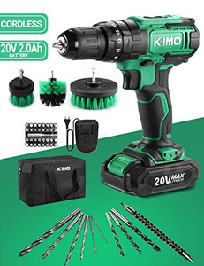 KIMO Cordless Drill Driver Kit, 20V Impact Drill Set w/Lithium-ion Battery/Charger & Cleaning Brush, 350 In-lb Torque, 3/8" Keyless Chuck, 21+1+1 Clutch, Variable Speed & LED for Metal Concrete Wood