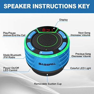 Bluetooth Speakers, BassPal IPX7 Waterproof Portable Wireless Shower Speaker with LED Display, FM Radio, Suction Cup, Light Show, TWS, Loud Stereo Sound for Pool Beach Home Party Travel Outdoors