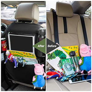 Dotala Kick Mats with Car Backseat Organizer,XL Storage Pocket - 2 Pack with Clear 11"Tablet Holder - Premium XL Protector for Kids Toy Bottle Drink Vehicles Travel