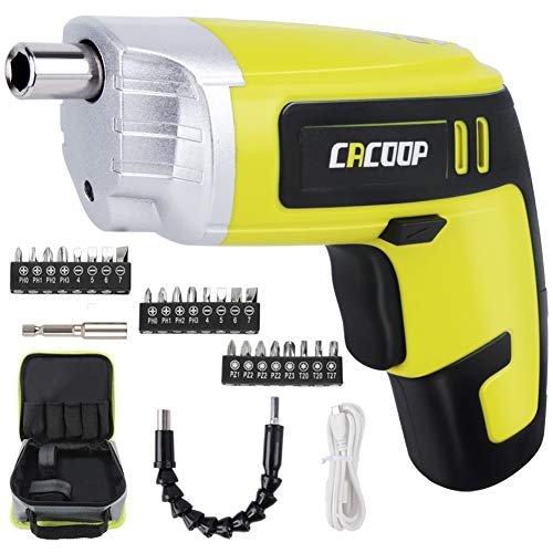 CACOOP 4V Electric Screwdriver Cordless Rechargeable Screw Gun& 24 Pcs Screw Bits, 1 Drill Bit Adapter, USB Charge Cable, Soft Carry Bag, LED Light, Max torque 44.24in/lbs for Home DIY