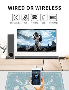 Sound Bar, TV Sound Bar with Subwoofer, 120W 2.1 Soundbar, Wired & Wireless Bluetooth 5.0 Speaker for TV, 34 Inch, HDMI/Optical/Aux/USB, Wall Mountable, Bass Adjustable Surround Sound for Home Theater