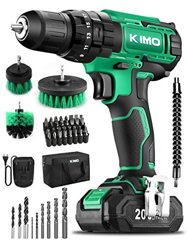 KIMO Cordless Drill Driver Kit, 20V Impact Drill Set w/Lithium-ion Battery/Charger & Cleaning Brush, 350 In-lb Torque, 3/8