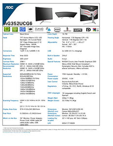 AOC | Agon AG352UCG6 35" Curved Gaming Monitor, 1800R, Uwqhd 3440x1440 VA Panel, G-Sync, 120Hz, 4ms