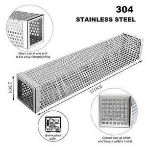 Pellet Smoker Tube - 12” 304 Stainless Steel for Cold or Hot Smoking Wood Pellet Tube Smoker, Work with All Grills or Smokers, Bonus storage bag include, Square